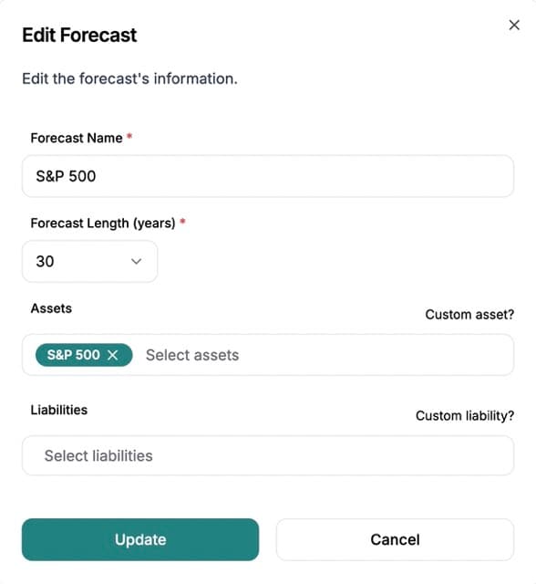 Screenshot of example forecast creation dialog window showing a multi select for assets and liabilities and a date picker