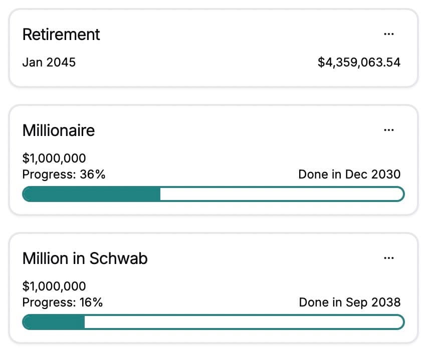 Screenshot of example goals capturing a retirement goal at a specific date and a value goal of becoming a millionaire